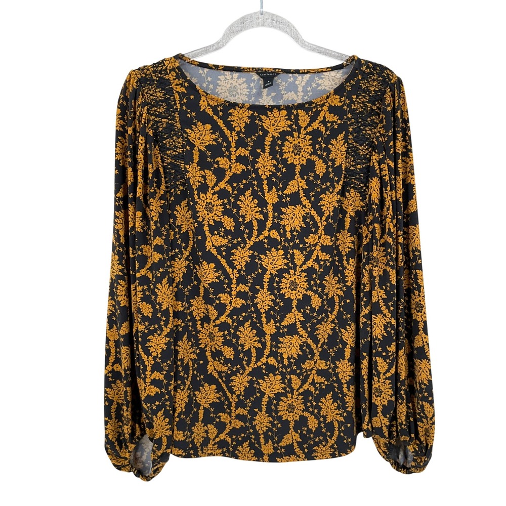 Ann Taylor Blouse Womens Medium Black Gold Floral Smocked Bishop Sleeve Boho Top